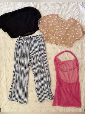 SET of Women's Swimsuit Coverups Bundle - Black, Beige Daisy, Striped, Pink Mesh